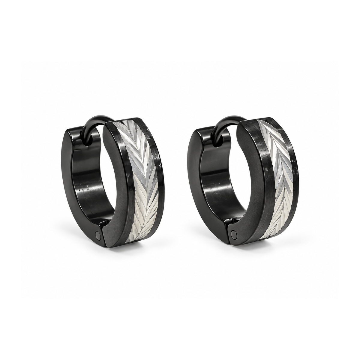 Fashion Black Silver Feather Textured Stainless Steel Clicker Hoop Earrings for Women, Hypoallergenic