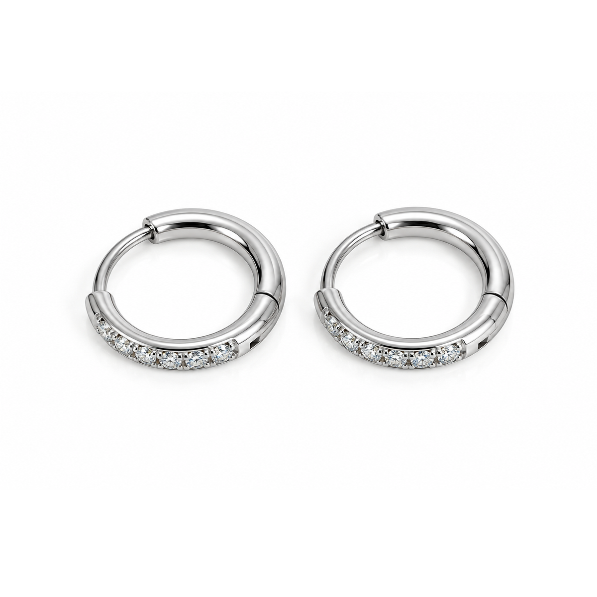 Minimalist Silver Double Hoop Ear Buckles with Inlaid Diamonds for Women