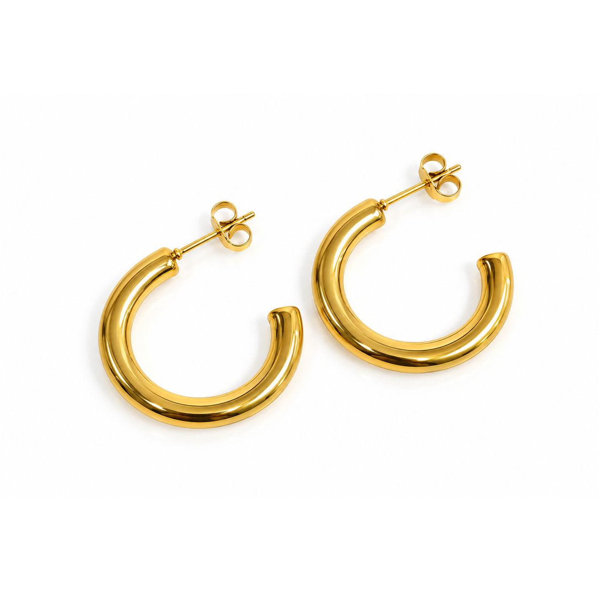 Polished Gold Open Tube Stud Earrings for Women