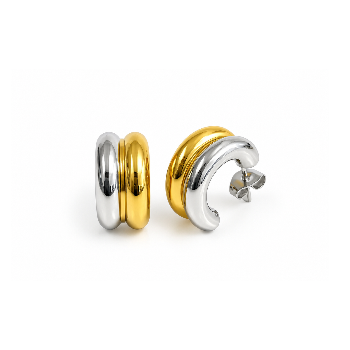 Two-Tone Finish Polished Hoop Studs, Stainless Steel Trendy Jewelry