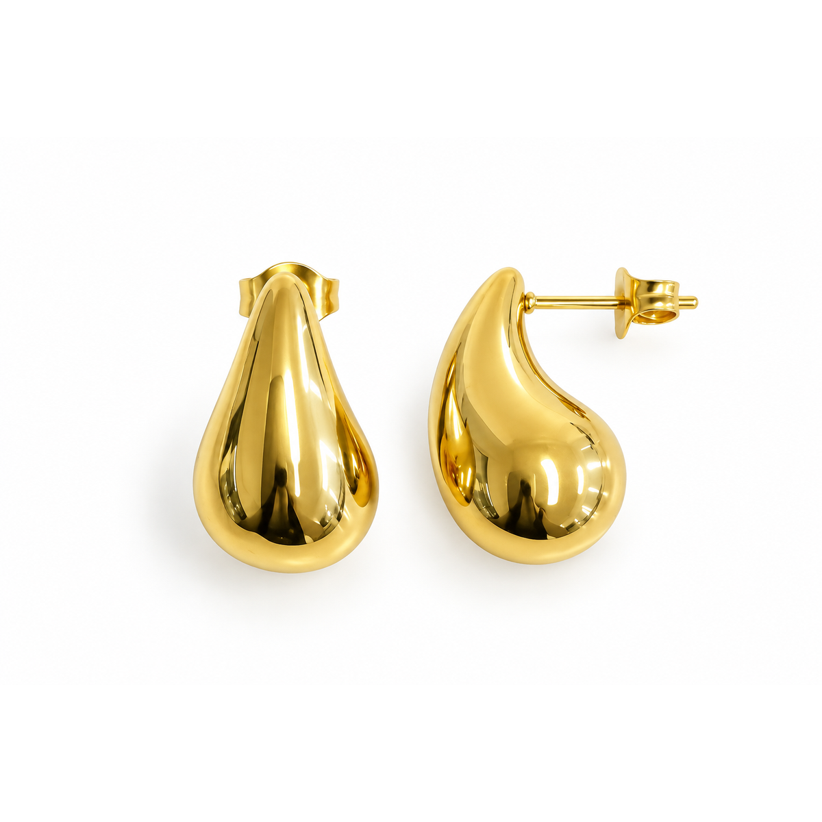 Gold Tone Polished Teardrop Stud Earrings, Minimalist Stainless Steel Jewelry