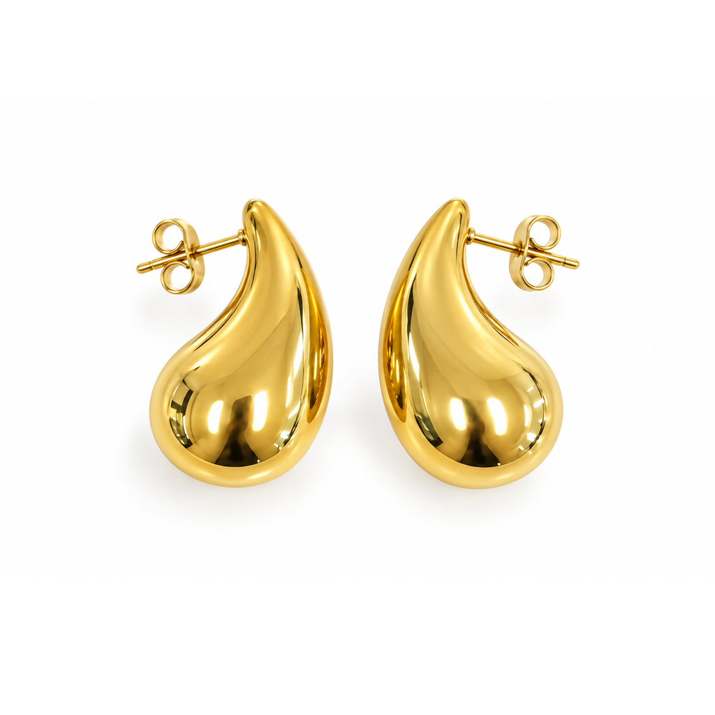 Gold Tone Polished Teardrop Stud Earrings, Minimalist Stainless Steel Jewelry