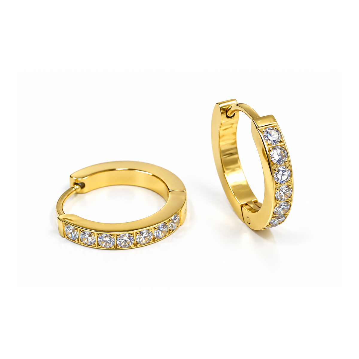 Fashion Gold Tone Stainless Steel Clicker Hoop Earrings for Women, Inlaid Crystals, Hypoallergenic