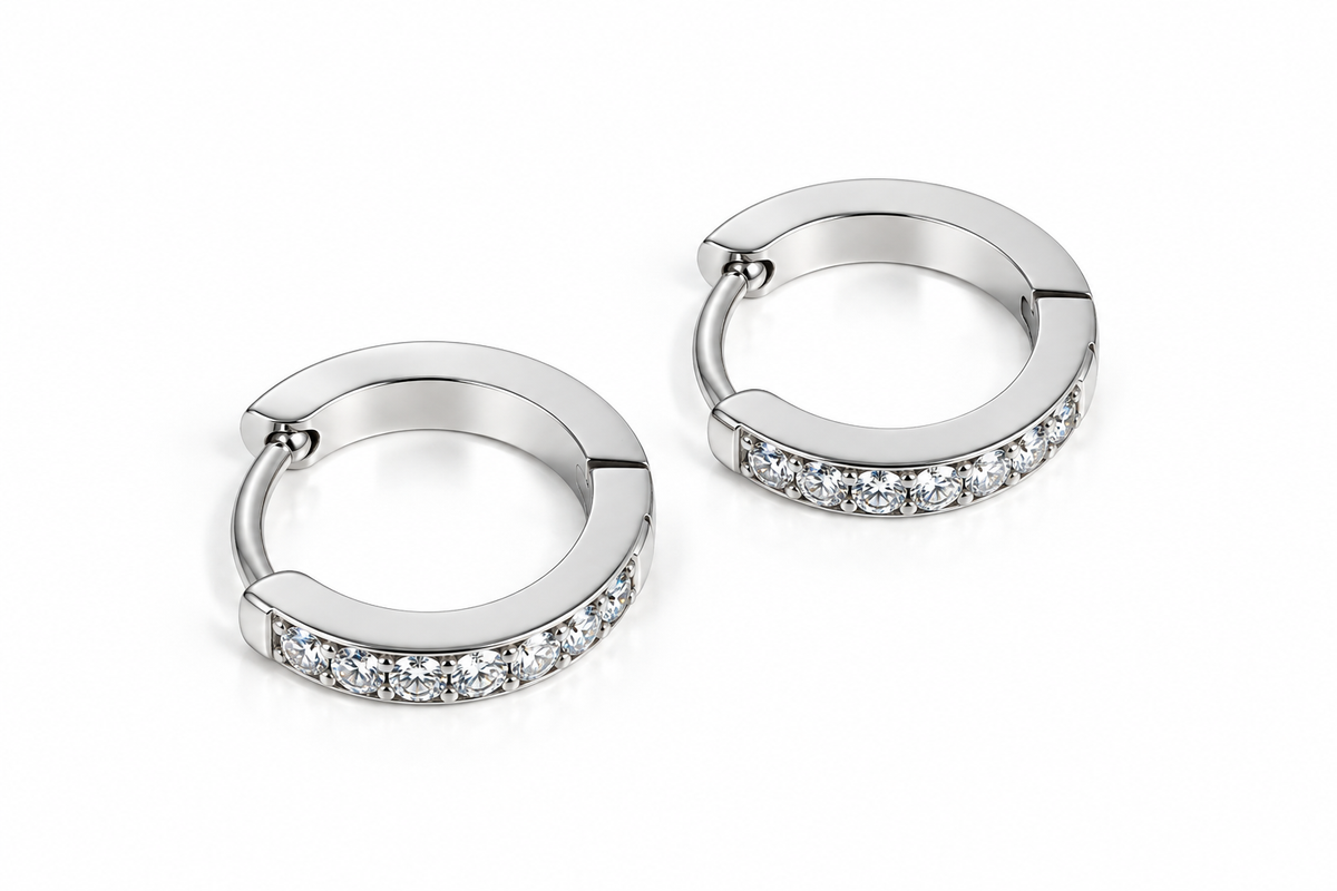Fashion Gold Tone Stainless Steel Clicker Hoop Earrings for Women, Inlaid Crystals, Hypoallergenic